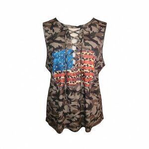 Women 3XL Camouflage Flag U.S.A Deep V-Neck Lace-up Sleeveless Grunge Biker